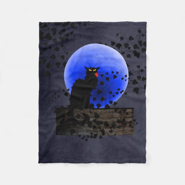 Chat Noir with Single Red Rose Fleece Blanket (Front)