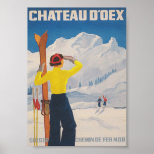 Chateau D'oex Switzerland Vintage Ski Travel Poster