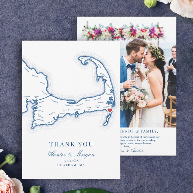 Chatham Bars Inn Cape Cod Wedding Photo Thank You Card (Chatham Bars Inn Thank You Card with wedding photo in elegant navy blue from Coastal Map Designs)