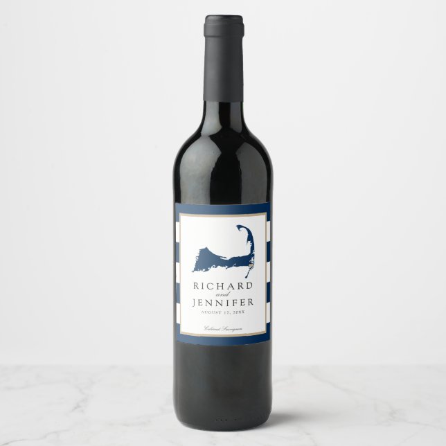 Chatham Cape Cod Map with Blue Stripes Wedding Wine Label (Front)