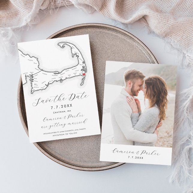 Chatham MA Cape Cod Map Black and White Wedding Save The Date (Chatham MA Cape Cod Map Save the Date with Photo in Elegant Modern Black and White )
