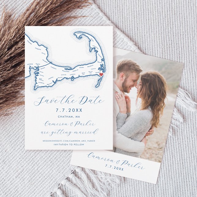 Chatham MA Cape Cod Map Navy Blue Wedding Save The Date (Chatham MA Cape Cod Map Save the Date with Photo in Elegant Modern Navy Blue by Coastal Map Designs)