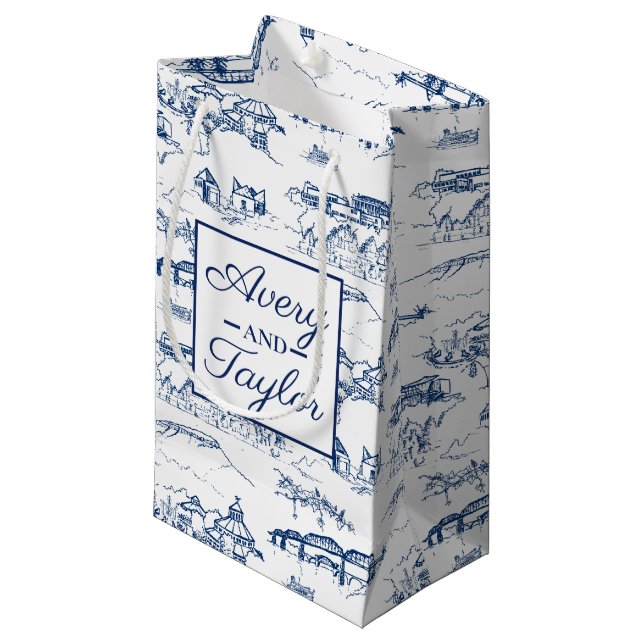 Chattanooga Toile Navy and White Wedding Small Gift Bag (Front Angled)