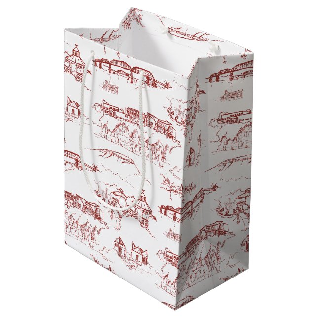 Chattanooga Toile Red and White Medium Gift Bag (Back Angled)