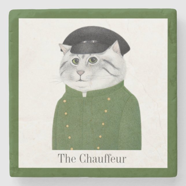 CHAUFFEUR CAT Marble Stone Coaster + Text (Front)