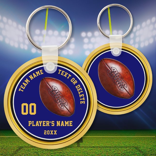 Cheap Blue and Gold Football Party Favours Footbal Key Ring (Cheap football gifts. Football party favors. Personalized, football souvenirs. Football Team gifts.)