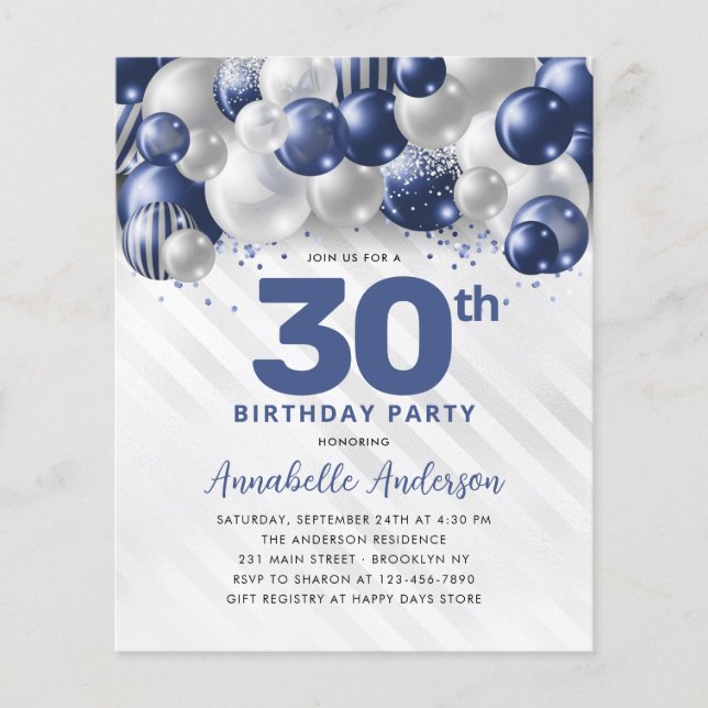 Cheap Blue Silver Balloon Glitter 30th Birthday Flyer (Front)