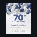 Cheap Blue Silver Balloon Glitter 70th Birthday Flyer<br><div class="desc">Modern Glam Navy Blue Silver Balloon Glitter Sparkle Any Age Birthday Invitation</div>