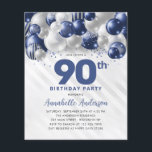 Cheap Blue Silver Balloon Glitter 90th Birthday Flyer<br><div class="desc">Modern Glam Navy Blue Silver Balloon Glitter Sparkle Any Age Birthday Invitation</div>