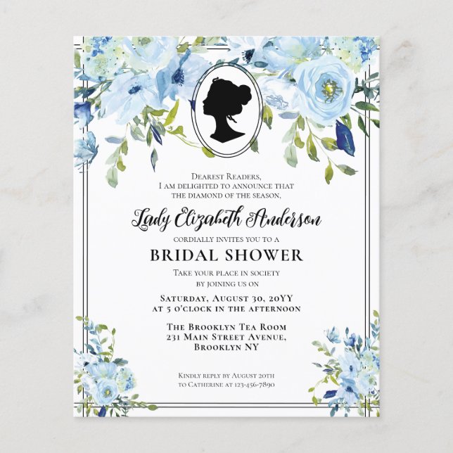 Cheap Dusty Blue Floral Regency Era Bridal Shower Flyer (Front)