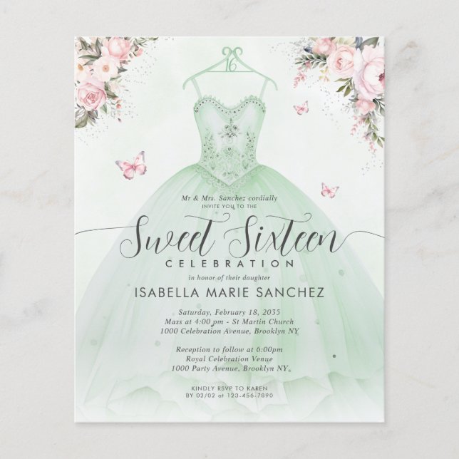 Cheap Emerald Green Pink Floral Gown Sweet Sixteen Flyer (Front)