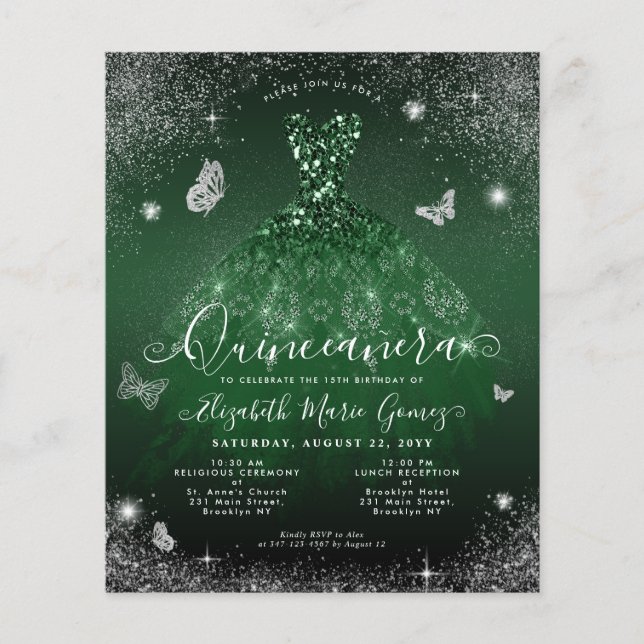 Cheap Emerald Green Silver Gown Quinceanera Card (Front)