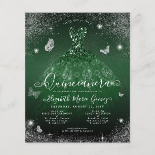 Cheap Emerald Green Silver Gown Quinceanera Card