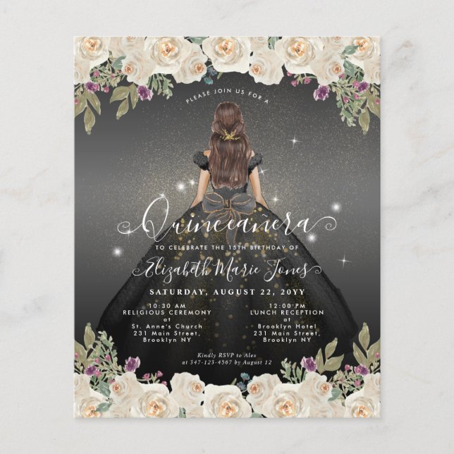 Cheap Floral Black Grey Gold Princess Quinceanera Flyer (Front)