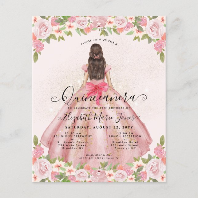Cheap Floral Blush Pink Gold Princess Quinceanera Flyer (Front)