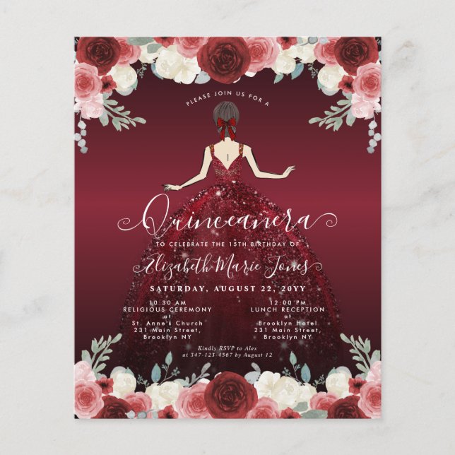 Cheap Floral Burgundy Red Dress Gown Quinceanera Flyer (Front)