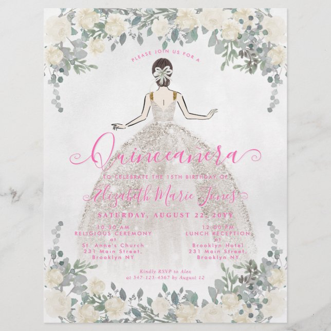 Cheap Floral Ivory Hot Pink Princess Quinceanera Flyer (Front)