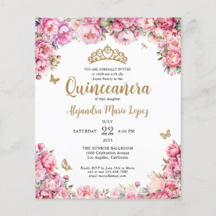 Cheap Floral Pink Gold Glitter Tiara Quinceañera Flyer