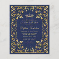 Cheap Navy Blue Floral Gold Tiara Quinceanera