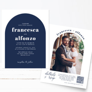 Cheap Navy Blue RSVP QR Code Retro Photo Wedding Flyer