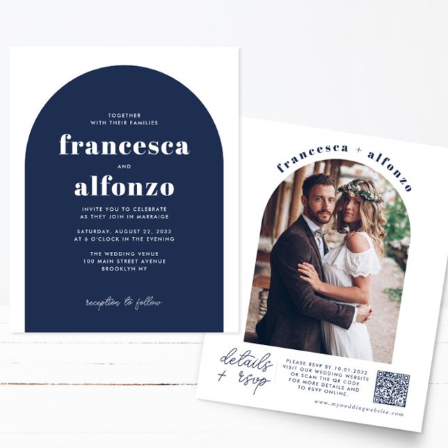 Cheap Navy Blue RSVP QR Code Retro Photo Wedding Flyer (Creator Uploaded)