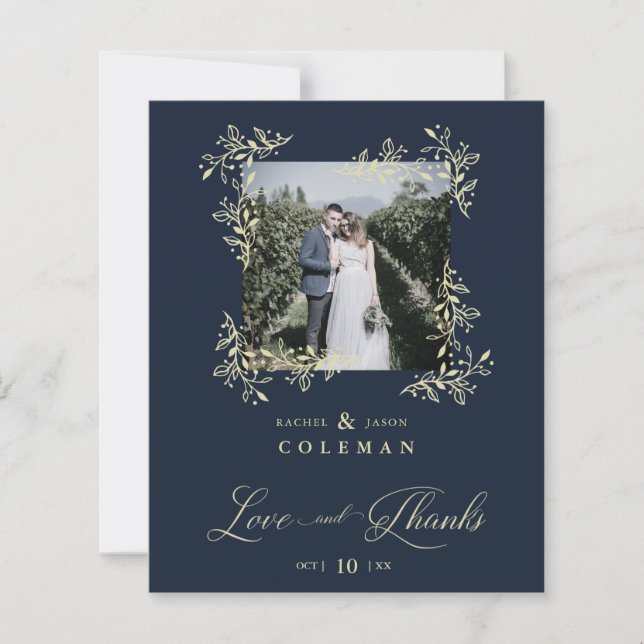 Cheap Navy Botanical Branches Wedding Photo Thanks (Front)