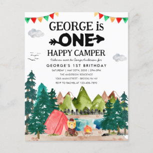 Cheap ONE Happy Camper Woods Camping 1st Birthday Flyer