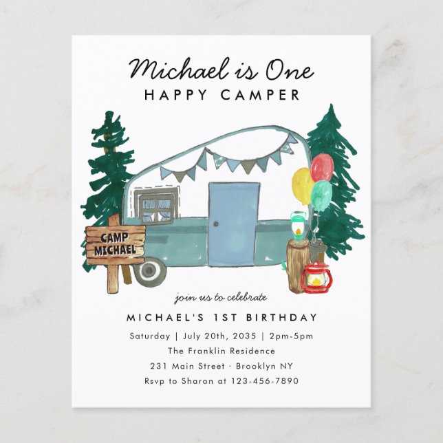 Cheap One Happy Camper Woods Camping 1st Birthday Flyer (Front)