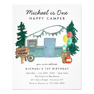Cheap One Happy Camper Woods Camping 1st Birthday Flyer