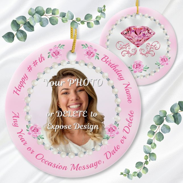 Cheap, Personalised Photo Birthday Ornaments, Pink Ceramic Tree Decoration (Birthday gift for female coworker, female friend, wife, mom and her. 60th or 30th birthday ornaments)