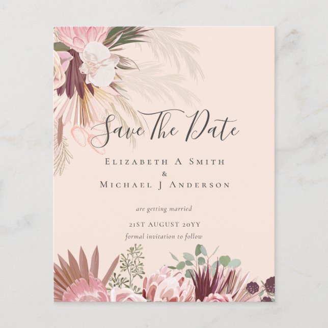 CHEAP PHOTO SAVE DATES - Pampas Grass Burgundy Flyer (Front)