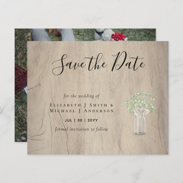 CHEAP Photo Save Dates Rustic Gypsophila Mason Jar (Front/Back)