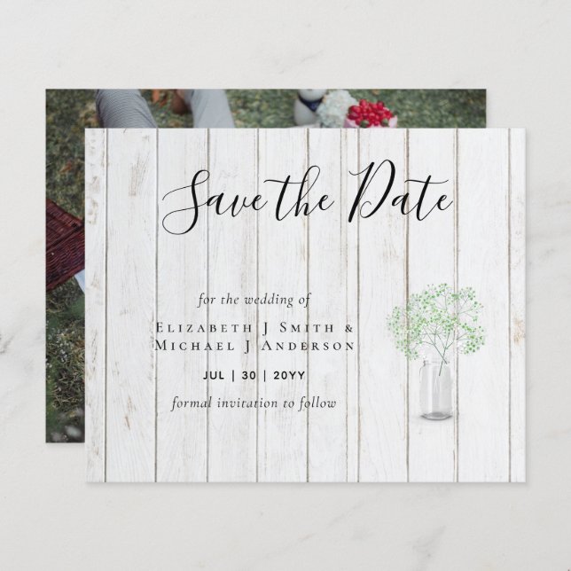 CHEAP Photo Save Dates Rustic Gypsophila Mason Jar (Front/Back)