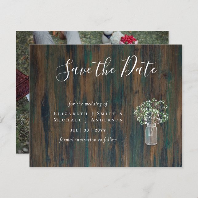 CHEAP Photo Save Dates Rustic Gypsophila Mason Jar (Front/Back)