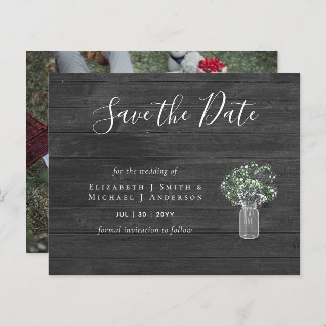 CHEAP Photo Save Dates Rustic Gypsophila Mason Jar (Front/Back)
