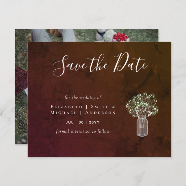 CHEAP Photo Save Dates Rustic Gypsophila Mason Jar (Front/Back)