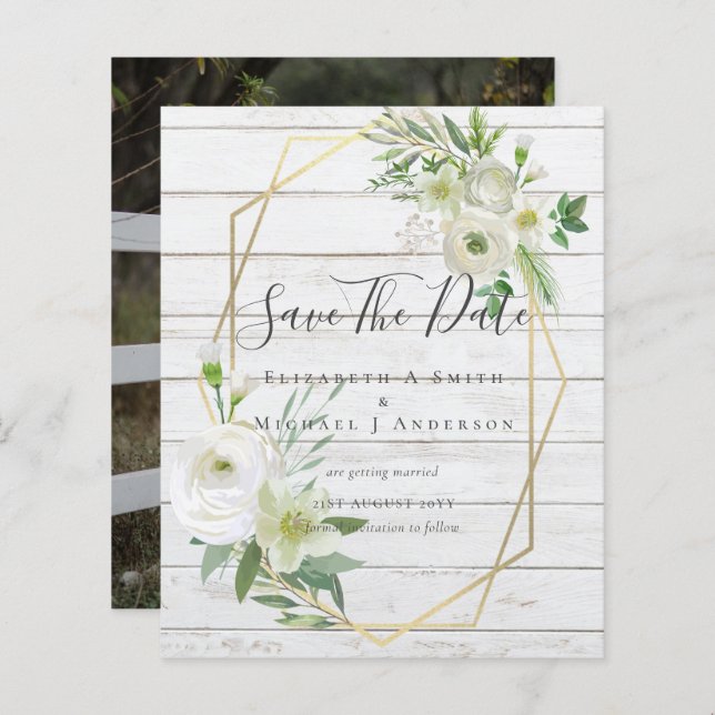CHEAP Photo Save Dates White Floral Greenery Leaf (Front/Back)
