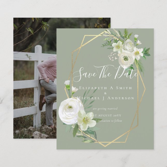 CHEAP Photo Save Dates White Floral Greenery Leaf (Front/Back)