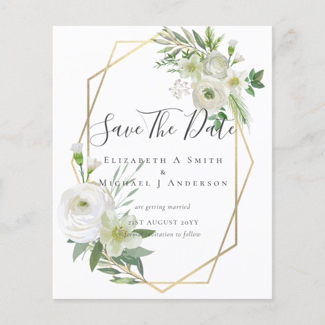 CHEAP Photo Save Dates White Floral Greenery Leaf Flyer (Front)