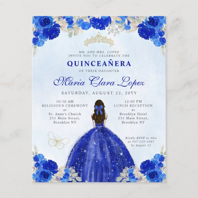Cheap Royal Blue Gold Floral Princess Quinceañera Flyer (Front)