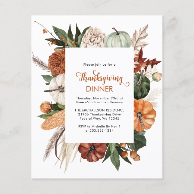Cheap Rustic Pumpkin Thanksgiving Dinner Invite Flyer (Front)