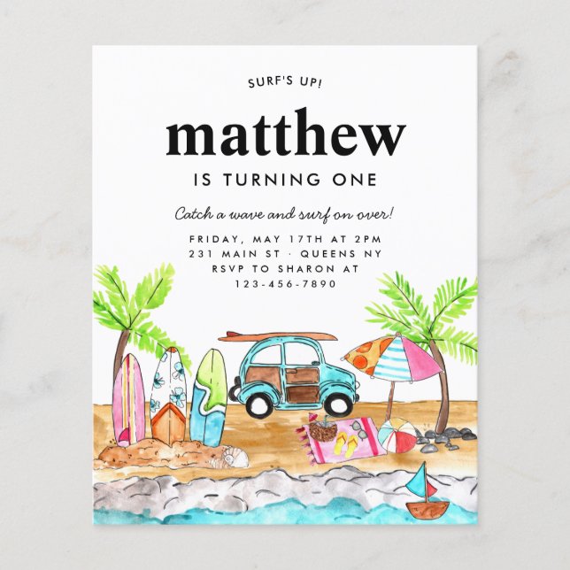 Cheap Surf's Up Board Beach Wave Surfing Birthday Flyer (Front)