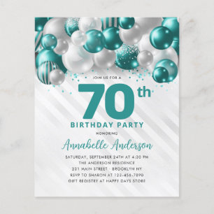 Cheap Teal Silver Balloon Glitter 70th Birthday Flyer
