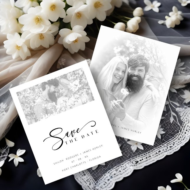 Cheap Vellum Effect Chic Minimalist Black White (Cheap Vellum Effect Chic Minimalist Black and White Photo Wedding Save the date Card.)