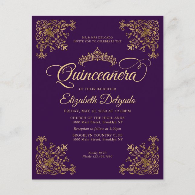 Cheap Vintage Purple Violet Gold Frame Quinceanera Flyer (Front)