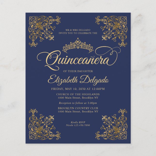 Cheap Vintage Royal Blue Gold Frame Quinceanera Flyer (Front)