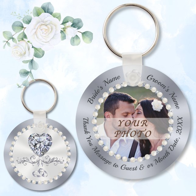 Cheap Wedding Favours for Guests, Diamond, Pearls Key Ring (Cheap bridal shower favors. Silver, Wedding Thank Yous with Photo. Diamond and Pearls Wedding theme.)