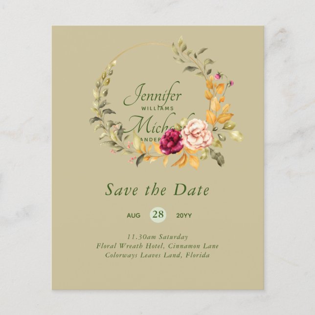 Cheapest Save The Dates Floral Wreath BUDGET (Front)