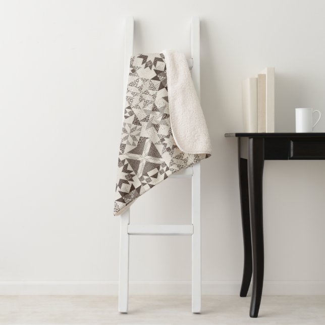 Cheater Traditional Patchwork Stars Quilt Black Sherpa Blanket (In Situ)