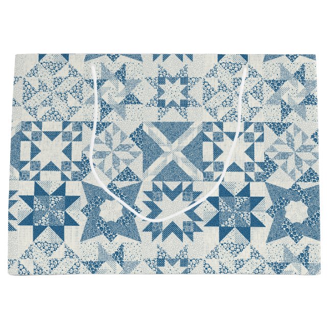 Cheater Traditional Patchwork Stars Quilt Blue Large Gift Bag (Front)